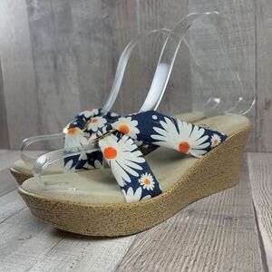 Island Slipper Hawaii Women's Wedge Sandals Floral Tropical Navy White Size 6